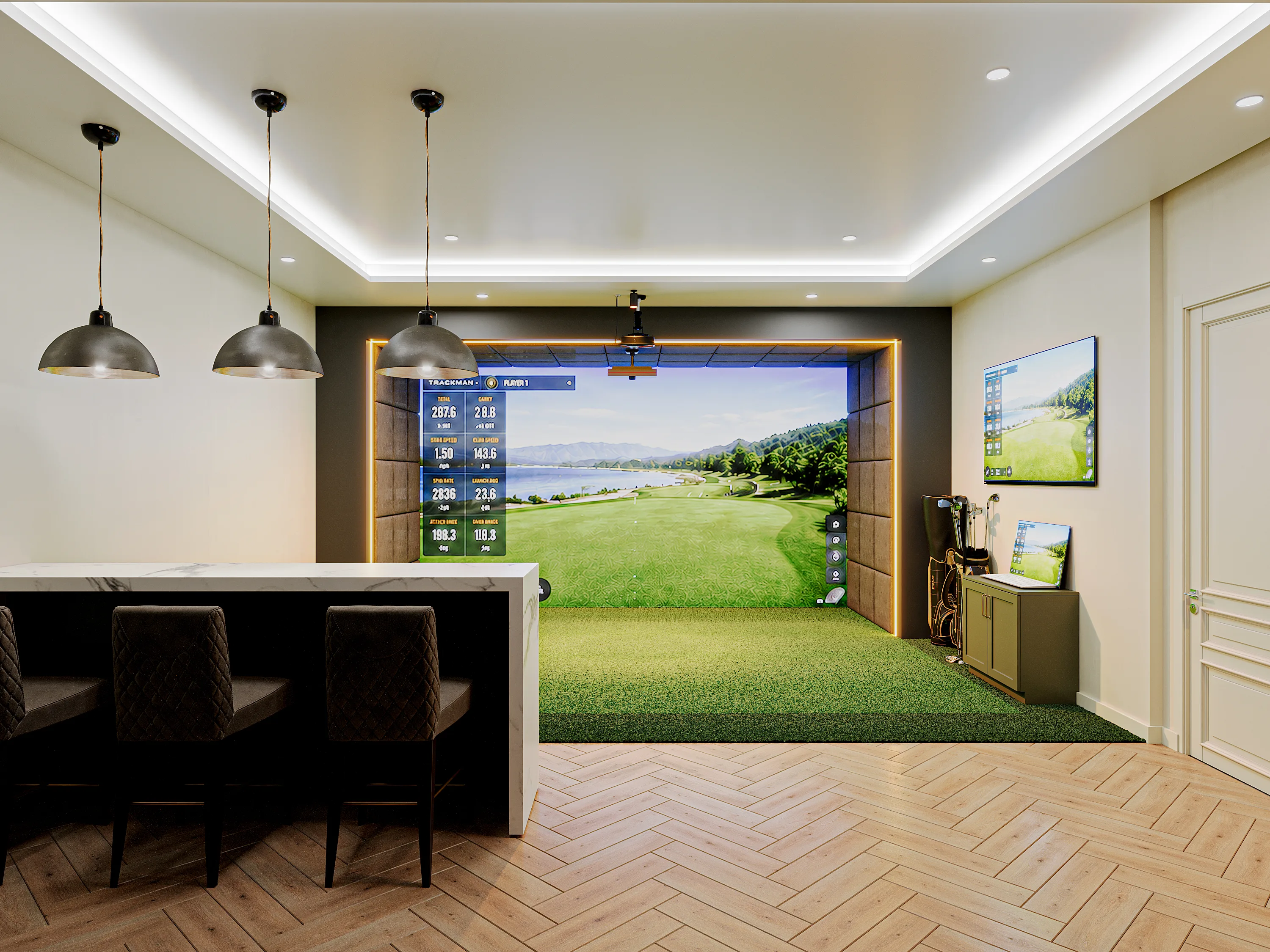 Private simulator suite with seating at Tee Room Golf