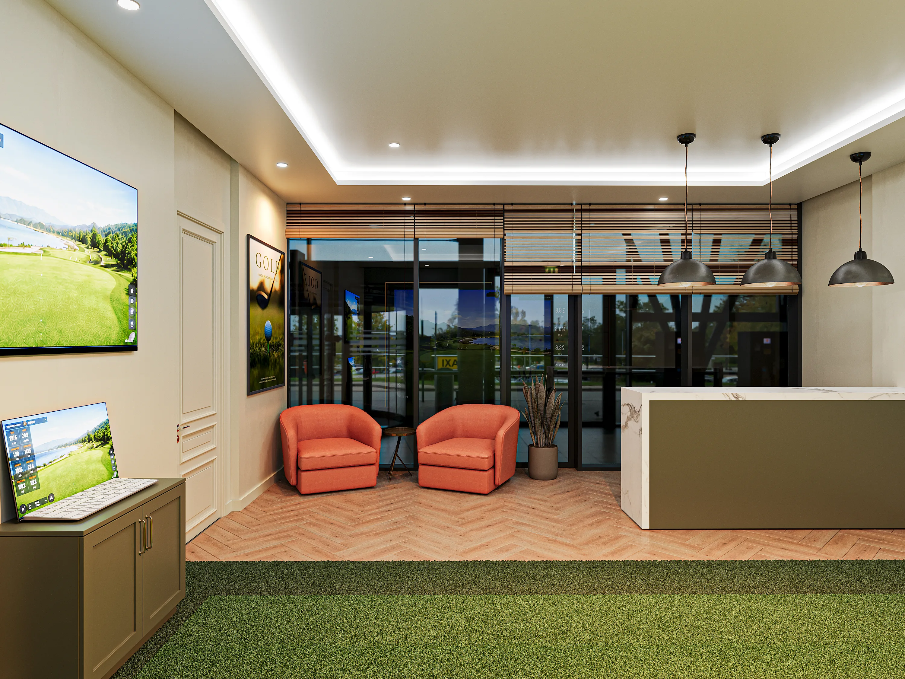 Tee Room Golf lounge and waiting area — warm wood, classic hospitality